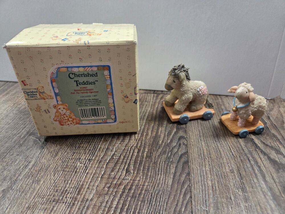 1993 Cherished Teddies #912867 Sheep and Donkey Pull-Toy Set Figurines